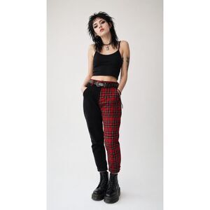Hot Topic Large Solid Black Red Plaid Split Leg Pants Punk Rock Pockets